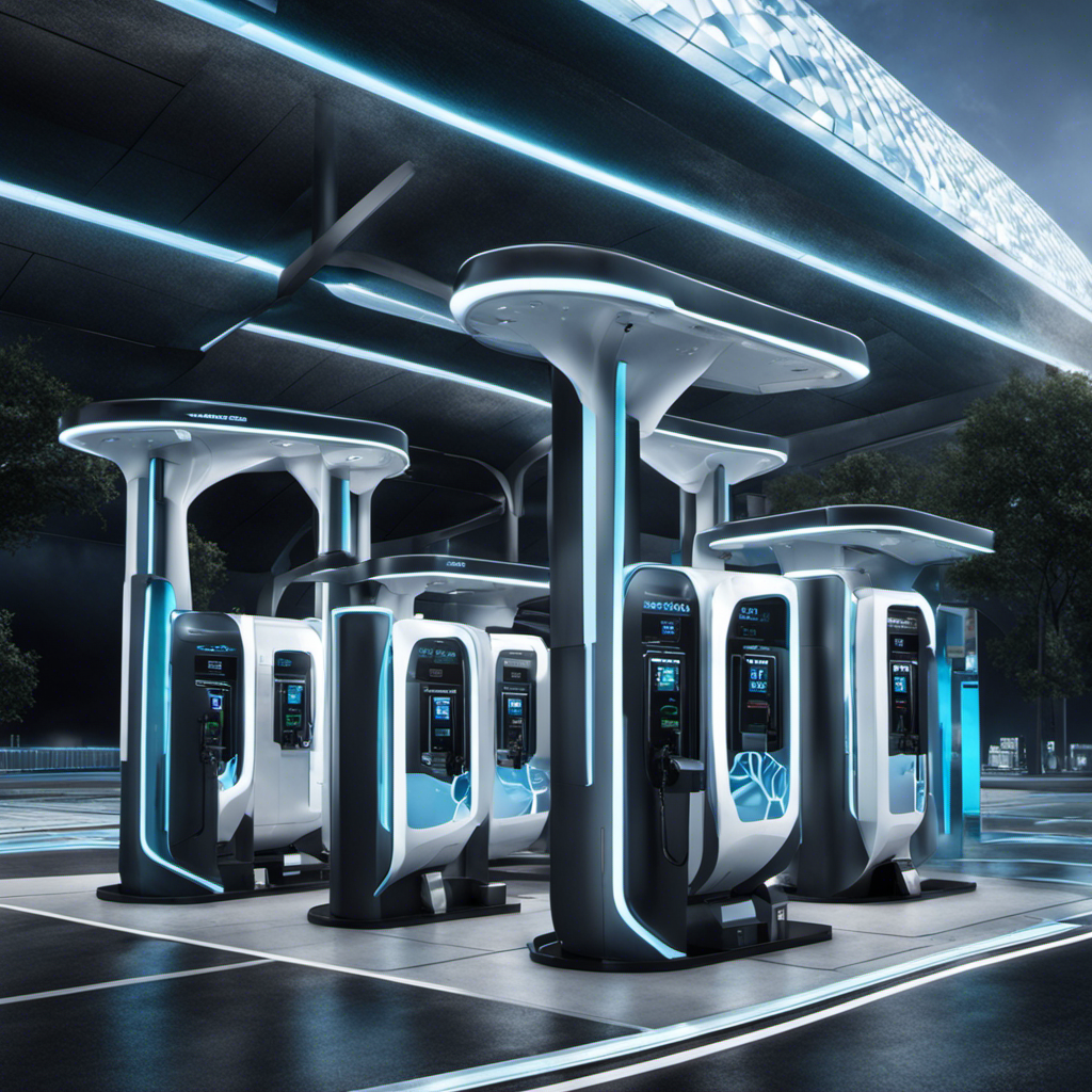 An image showcasing a futuristic hydrogen fuel station surrounded by towering price tags