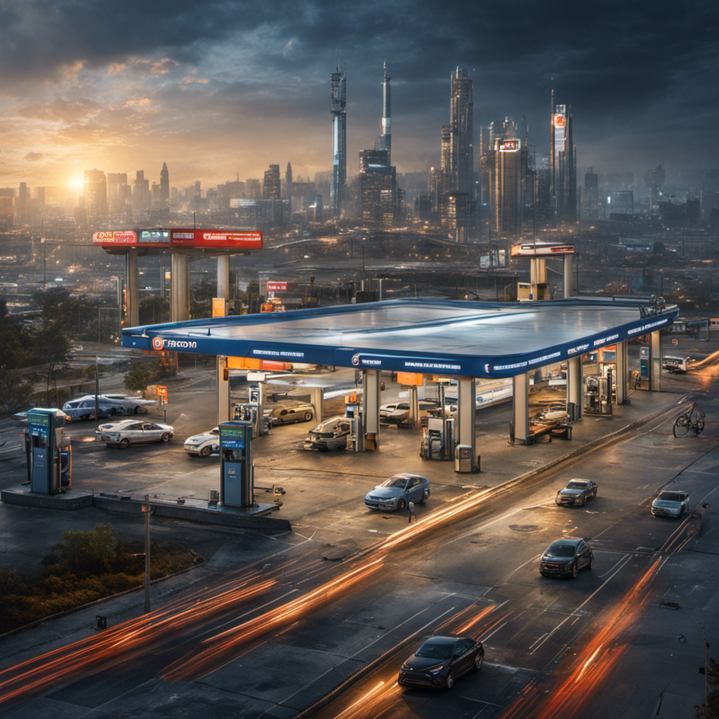 An image featuring a bustling cityscape with numerous gasoline stations, while a single, abandoned hydrogen refueling station stands neglected in the background, symbolizing the underutilization of hydrogen fuel in today's world