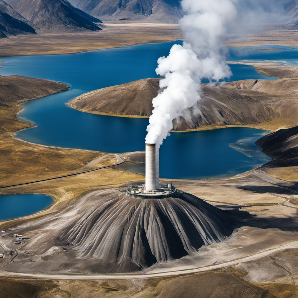 An image depicting a vast landscape with a geothermal power plant nestled at the base of a majestic mountain range