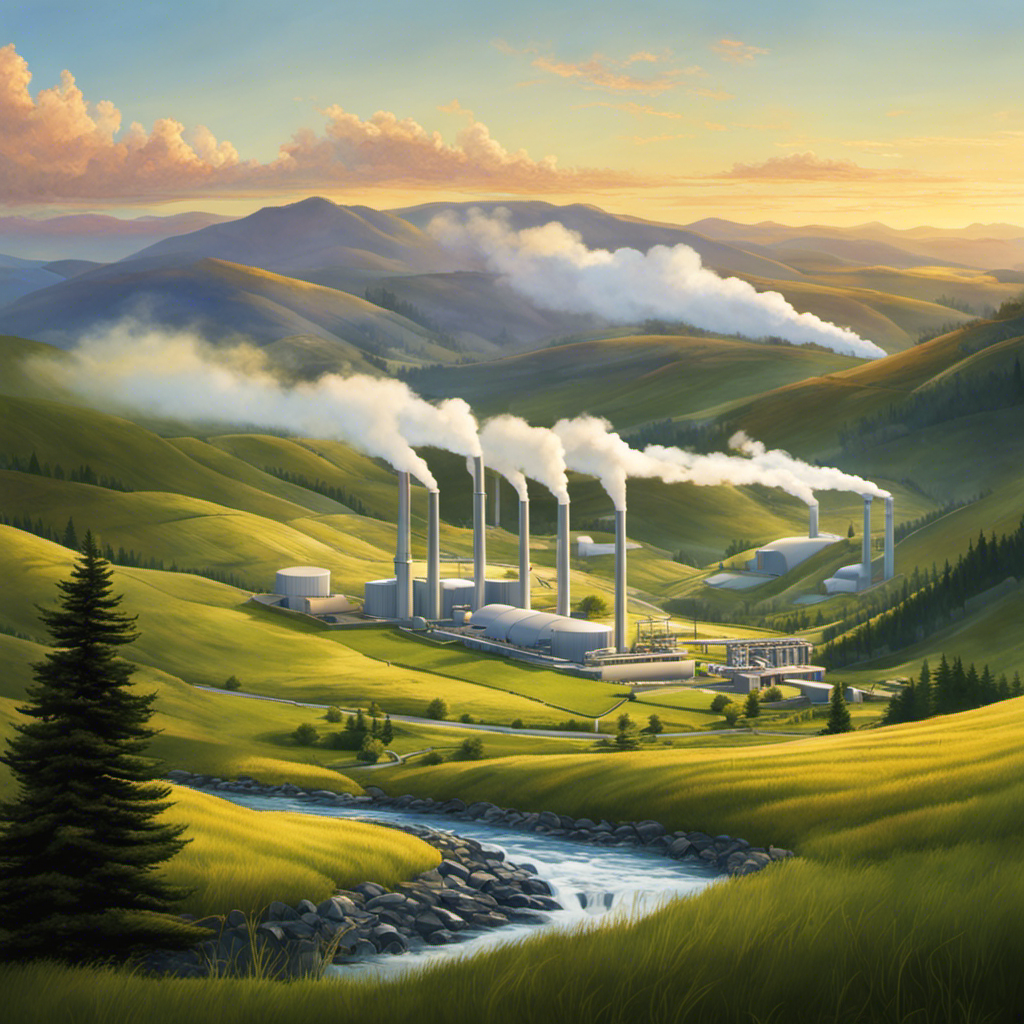 An image showcasing a serene landscape with a modern geothermal power plant nestled amidst rolling hills, emitting clean steam into the sky