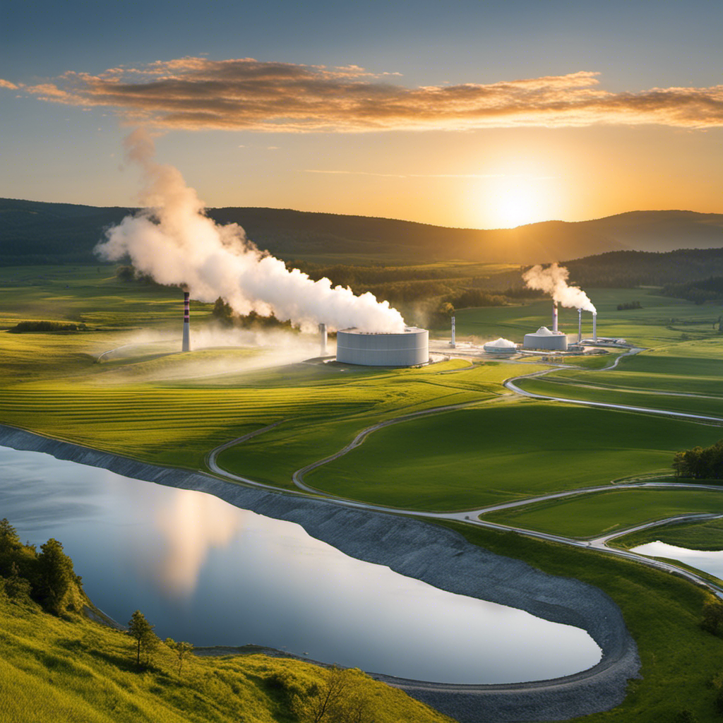 An image showcasing a serene landscape with a geothermal power plant integrated seamlessly into the surroundings