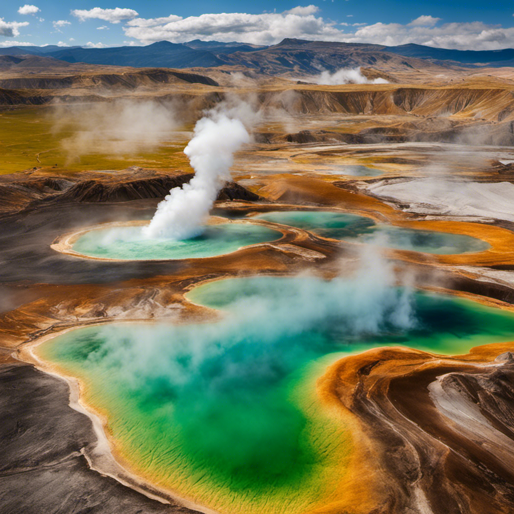 An image depicting a vast landscape with varying geological features such as hot springs, geysers, and volcanic formations