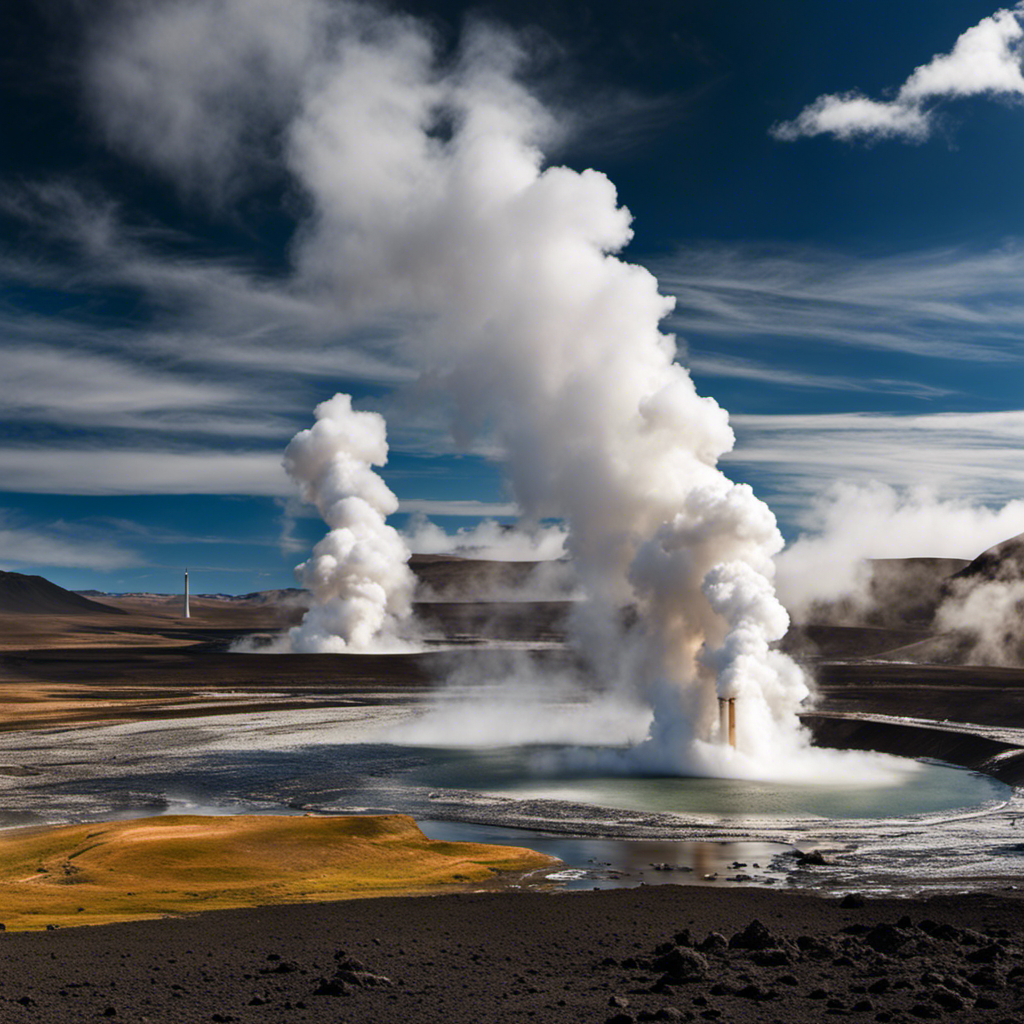 An image showcasing the stark contrast between Iceland and California, with Iceland displaying towering geothermal power plants surrounded by steaming hot springs, while California features vast deserts with geothermal fields generating energy amidst a backdrop of arid landscapes