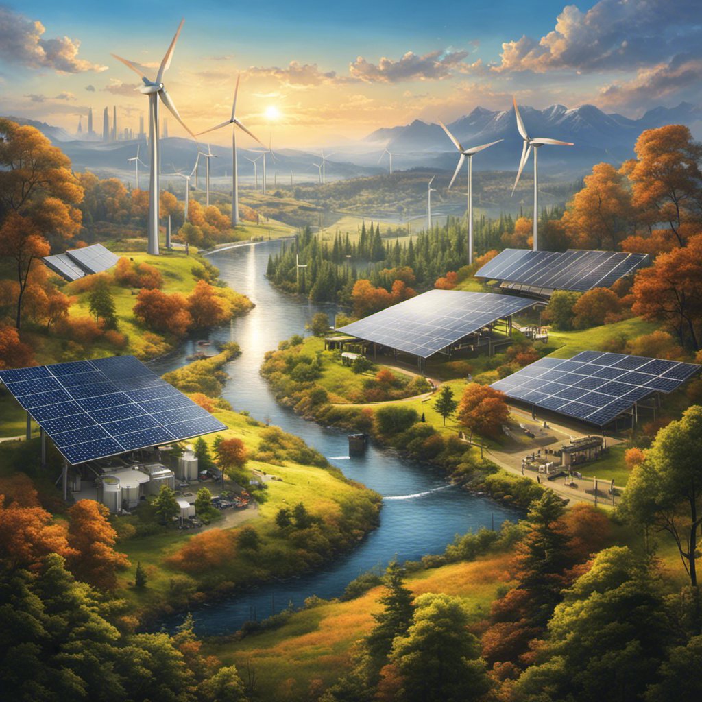 An image depicting a bustling city skyline with wind turbines and solar panels dominating the landscape, while a secluded geothermal power plant sits in the background, highlighting the underutilization of this renewable energy source