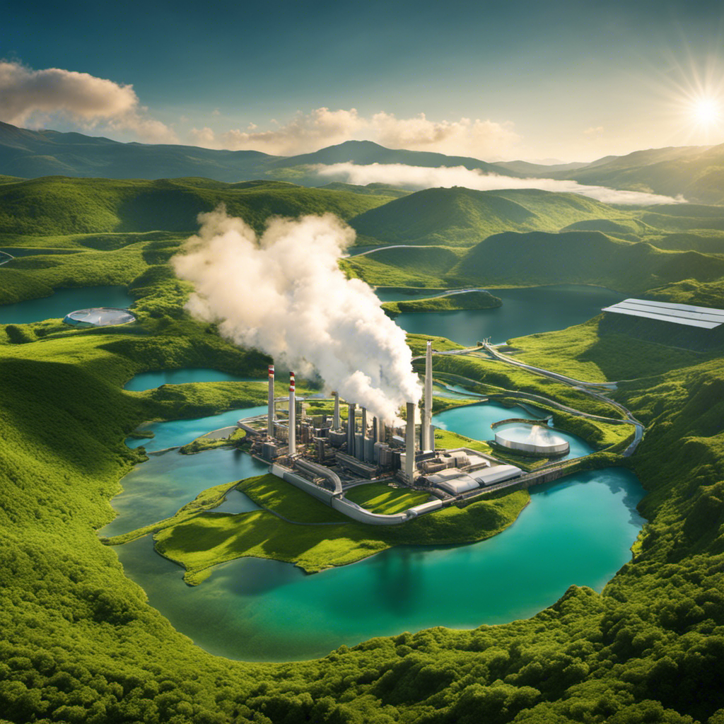 An image showcasing a vast underground network of geothermal power plants, surrounded by lush green landscapes and pristine lakes
