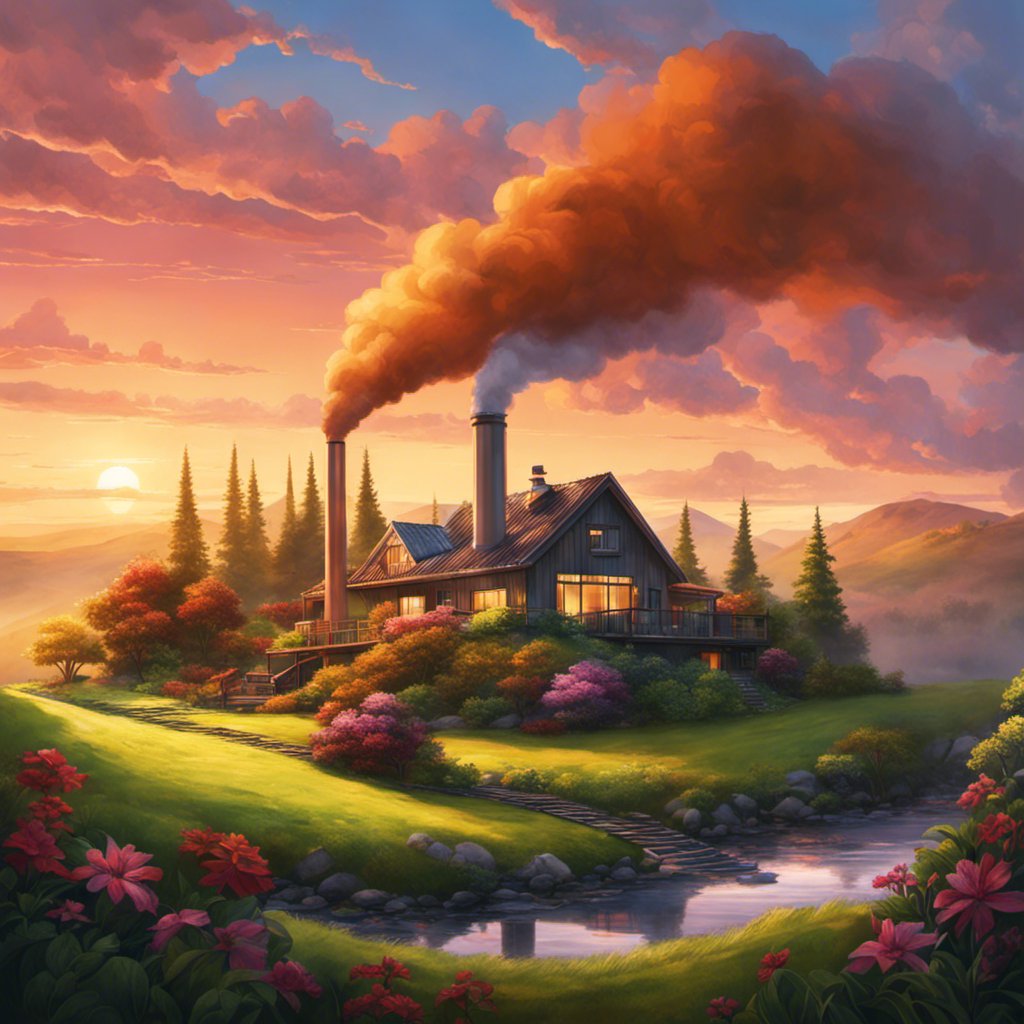An image showcasing a serene landscape with a house nestled atop a geothermal power plant, surrounded by lush, vibrant vegetation