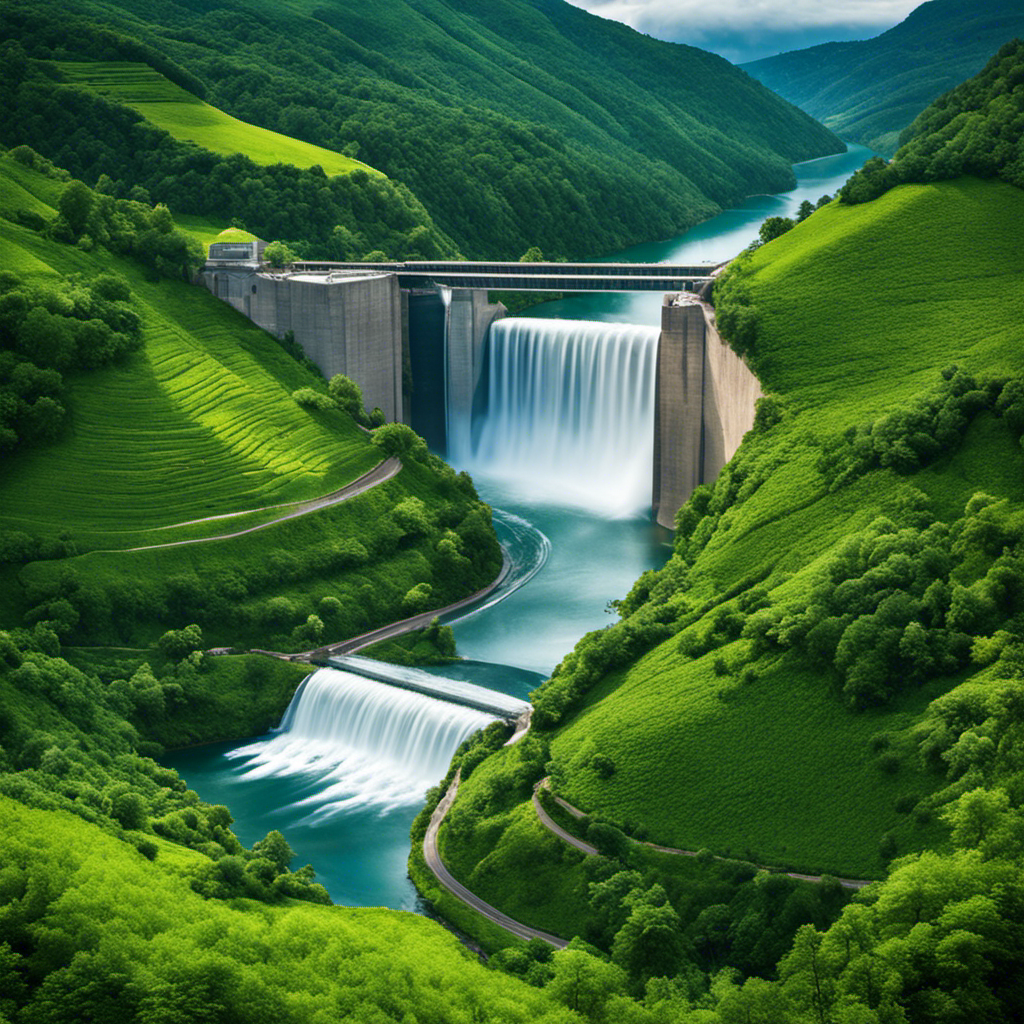 An image showcasing a lush, flowing river surrounded by verdant landscapes, with a hydroelectric dam in the background