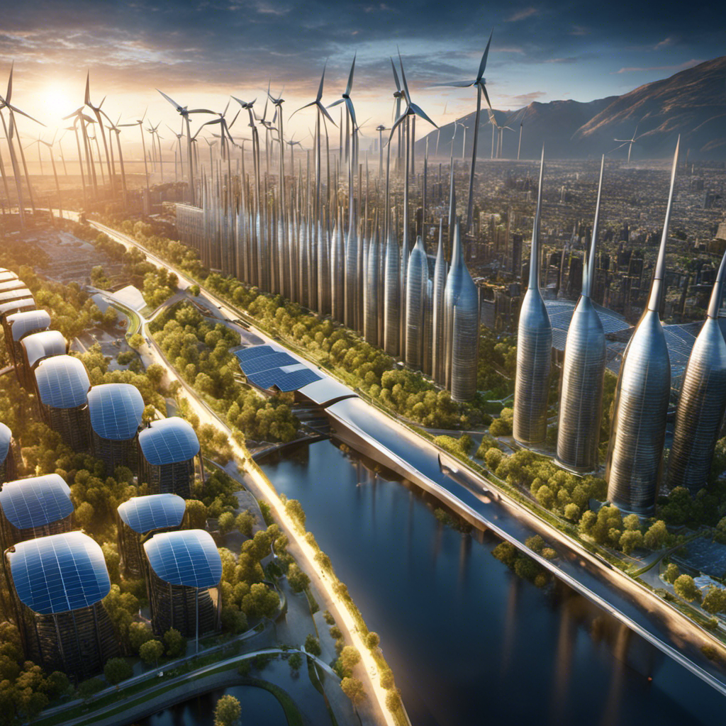 An image showcasing a futuristic cityscape with numerous solar panels and wind turbines, seamlessly integrated into the architecture