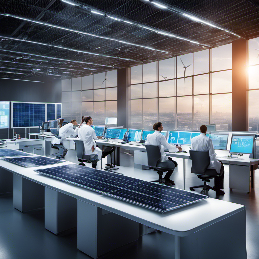 An image showing a group of scientists in a high-tech laboratory, diligently working together on innovative energy storage technologies, surrounded by solar panels and wind turbines, symbolizing their crucial role in advancing sustainable energy solutions