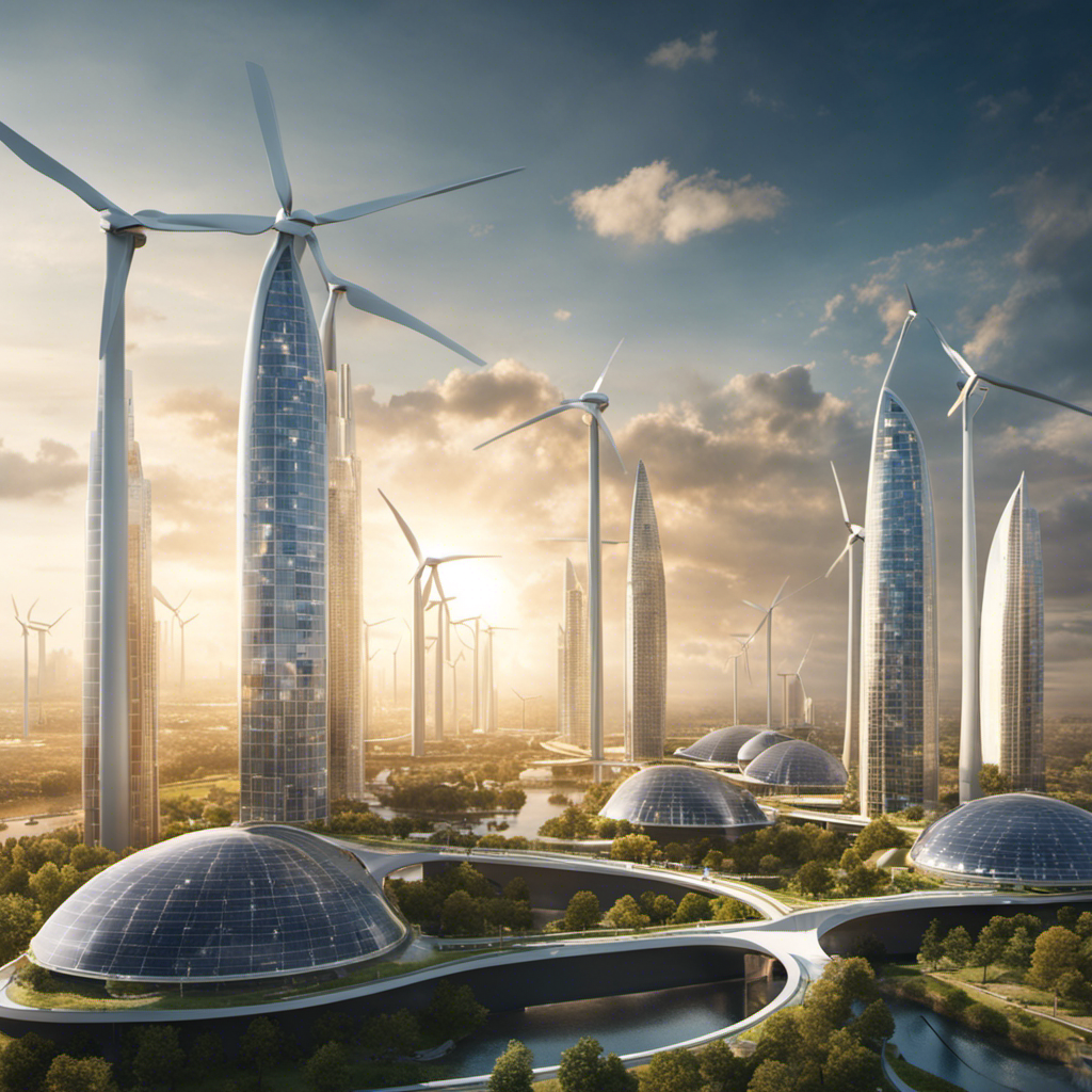 An image showcasing a futuristic cityscape with solar panels and wind turbines integrated seamlessly into the architecture, illustrating the potential for renewable energy storage to power sustainable urban environments