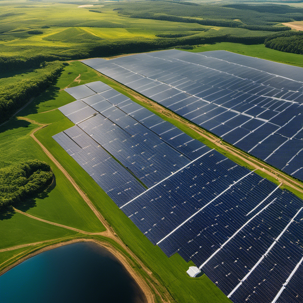 An image showcasing a vast solar farm with rows of photovoltaic panels and wind turbines in the background, highlighting the innovative storage solutions such as large-scale batteries or pumped hydroelectric storage