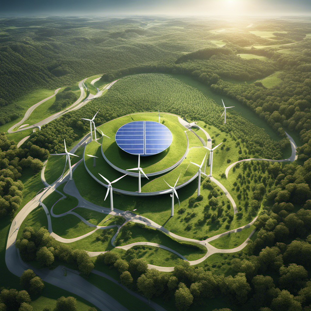 An image showcasing a sprawling green landscape with an intricate network of underground storage facilities, integrated with solar panels and wind turbines, illustrating the importance of efficient energy storage for renewable sources