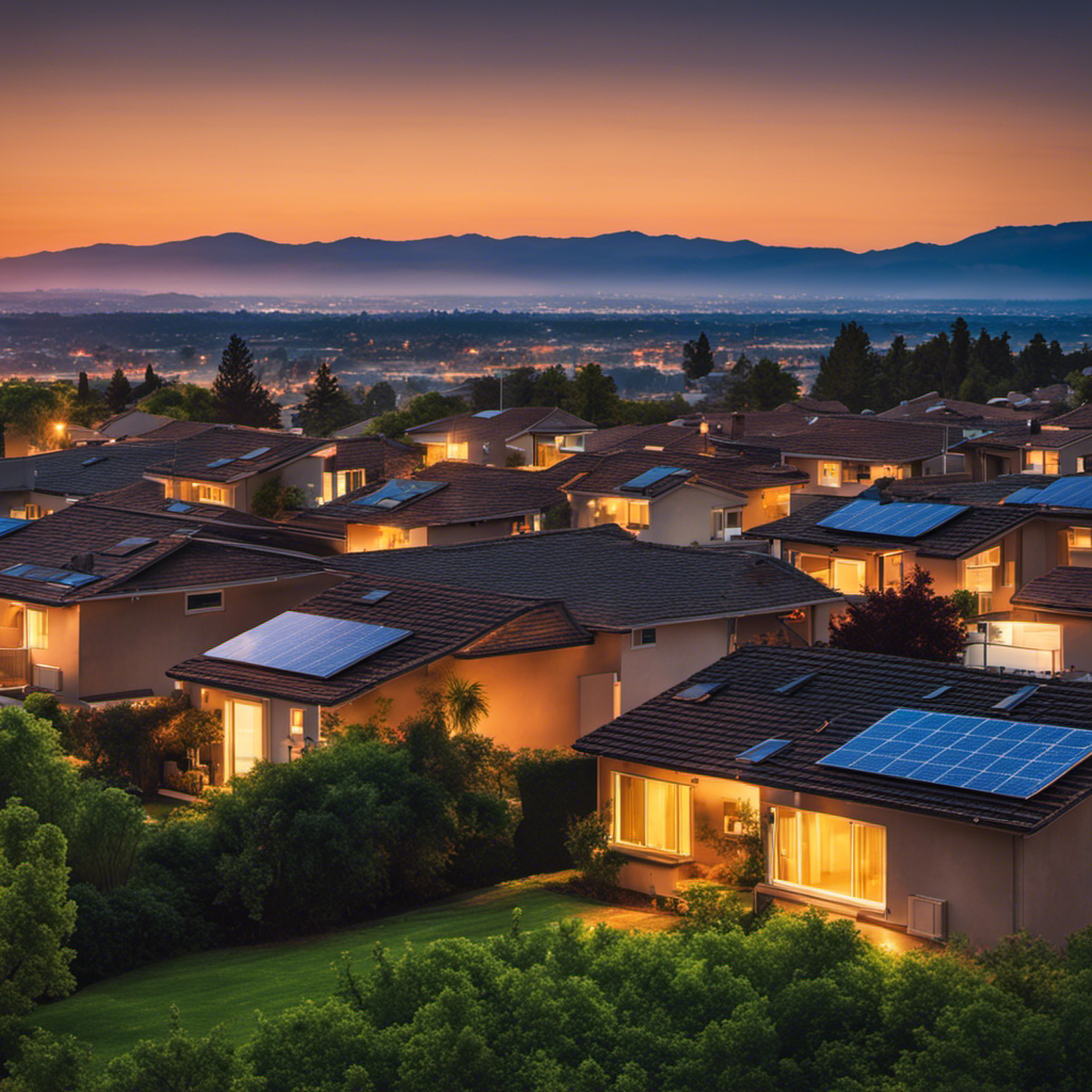 An image depicting a fading sunset over a suburban landscape, where solar panels on rooftops gradually lose their glow, symbolizing the vanishing net metering in solar energy