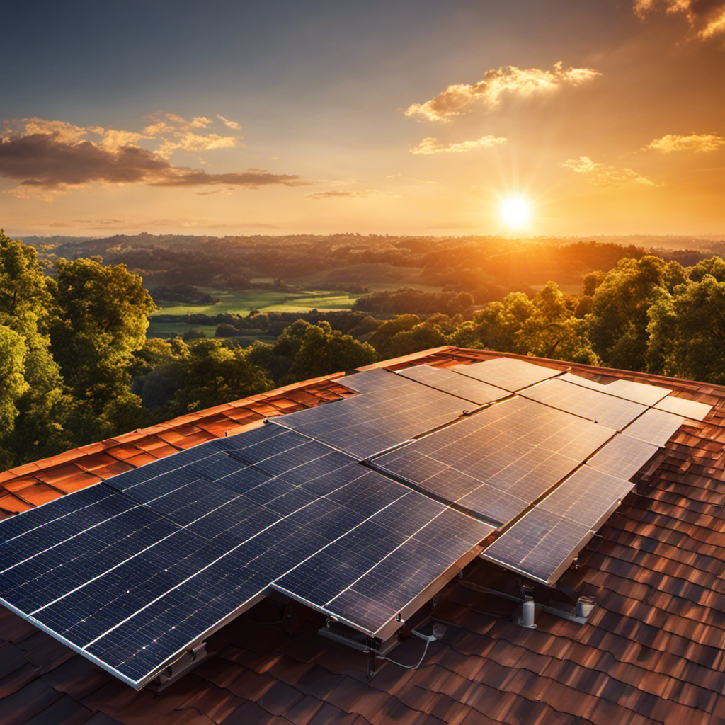 An image showcasing a vibrant solar panel installation on a rooftop, bathed in golden sunlight, seamlessly blending with the surrounding environment, symbolizing the sustainable and clean energy of solar power as a superior alternative to fossil fuels