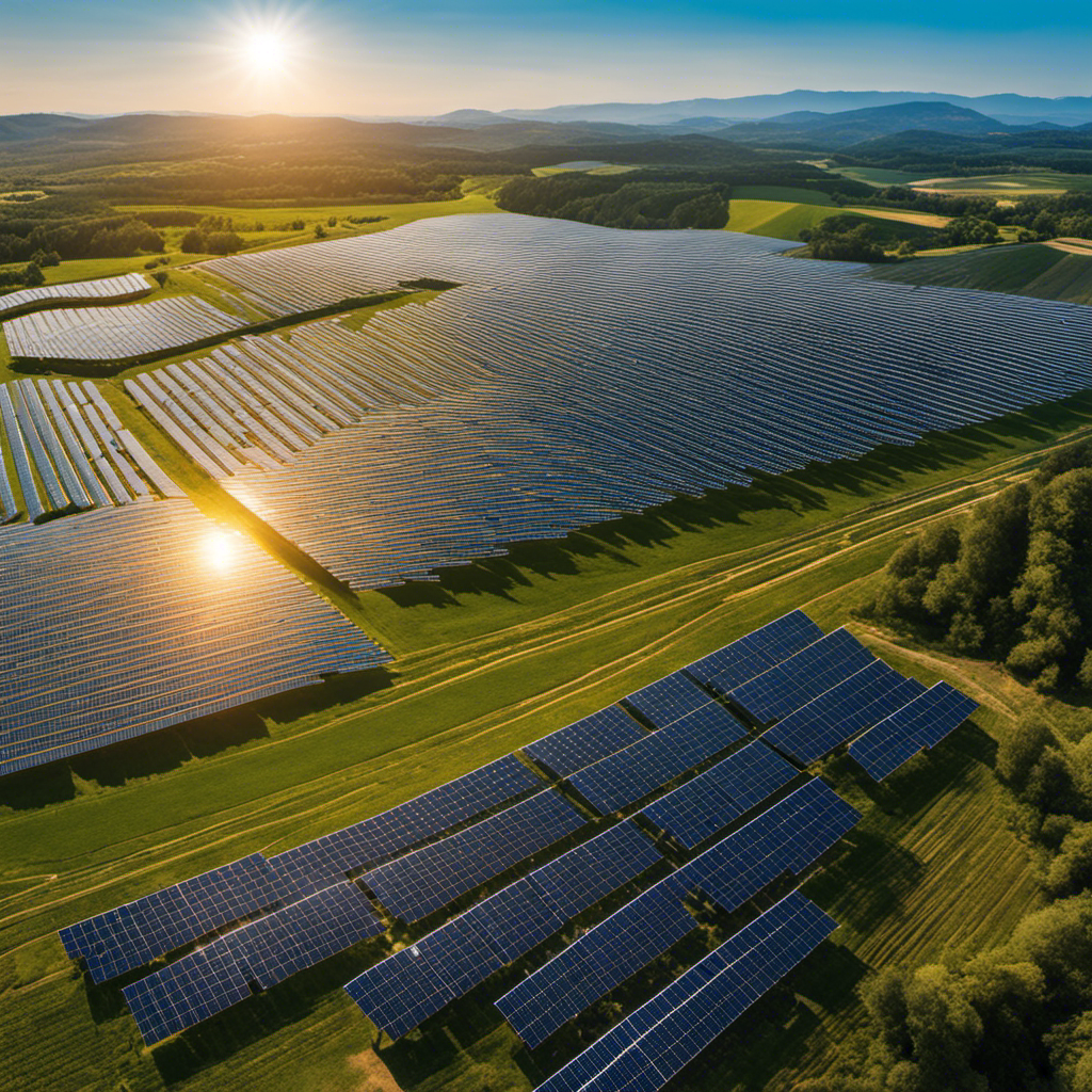 An image showcasing a vast solar farm with rows of shimmering panels, basking in the golden rays of the sun