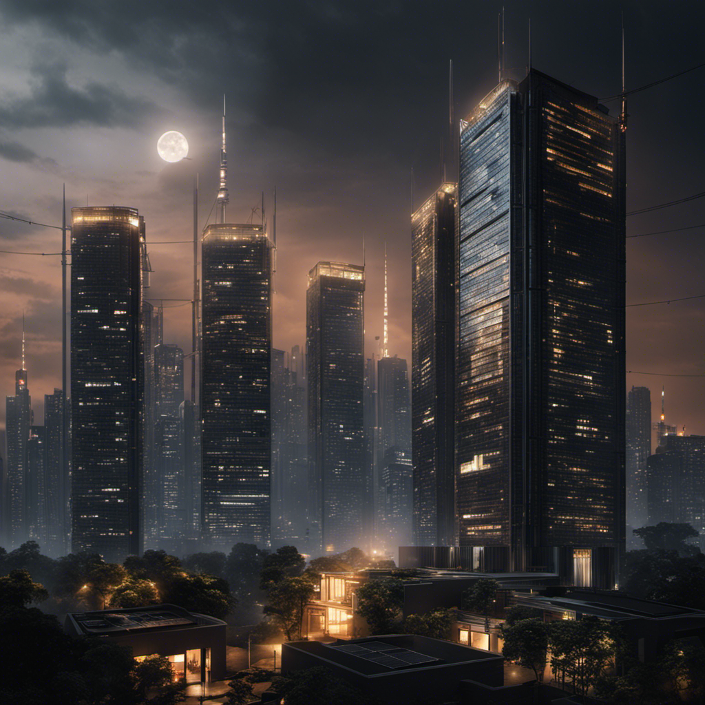An image depicting a gloomy, dimly lit residential area surrounded by towering skyscrapers