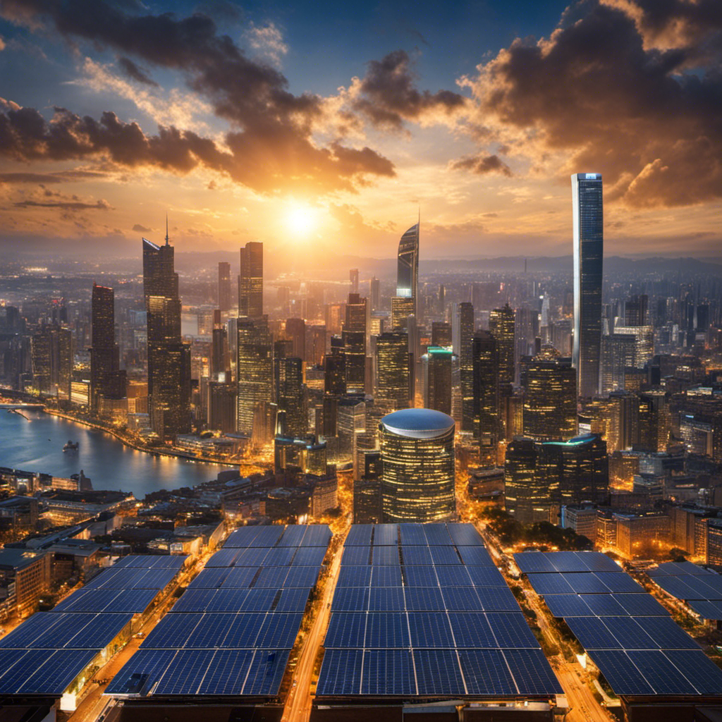 An image showcasing a bustling city skyline with solar panels on every rooftop, illustrating the significant impact of solar energy in reducing carbon emissions, fostering a sustainable future, and powering our modern lifestyle