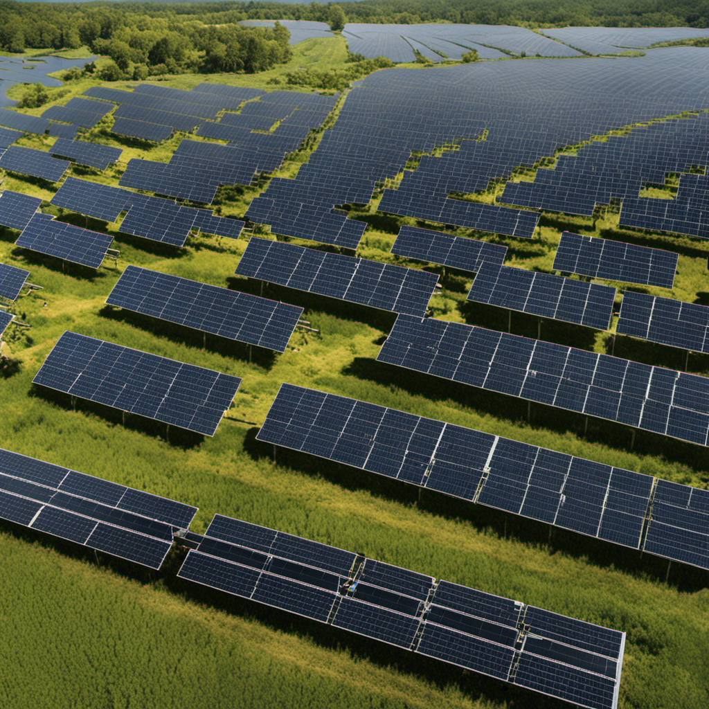 An image capturing a vast field of solar panels glistening under the sun's rays, surrounded by lush green landscapes and blue skies