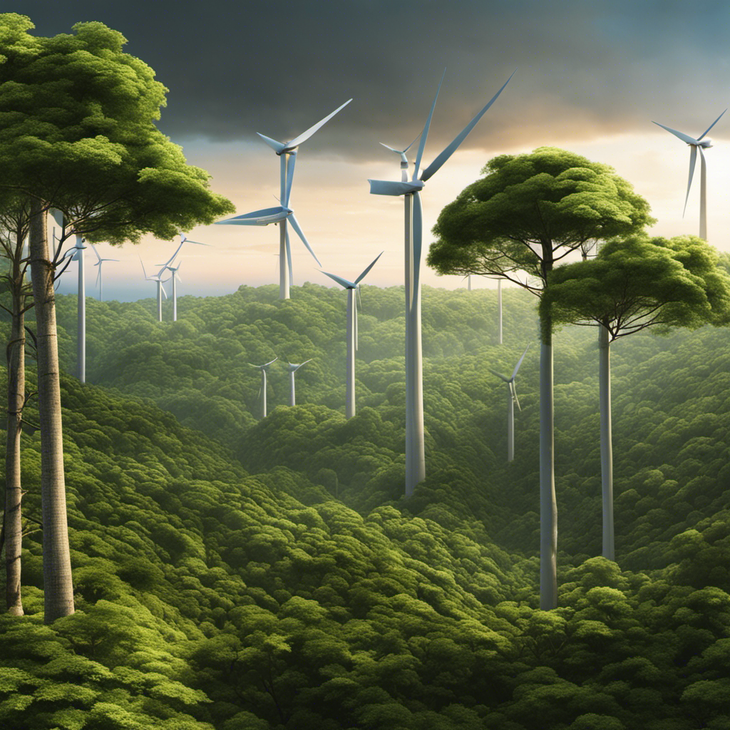 An image showcasing a lush forest with tall, swaying trees supplying wood; a wind farm with turbines harnessing the power of gusts; a tidal power plant capturing the relentless ebb and flow of ocean waves; and an underground geothermal facility tapping into the Earth's heat