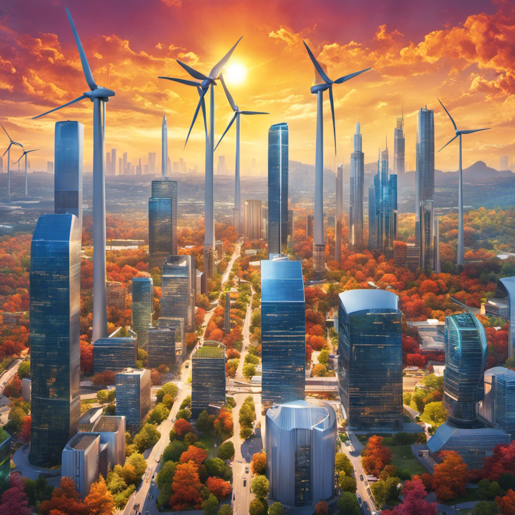 An image showcasing a vibrant city skyline interwoven with wind turbines and solar panels, symbolizing the harmonious integration of renewable energy into urban landscapes, portraying a cleaner and sustainable future