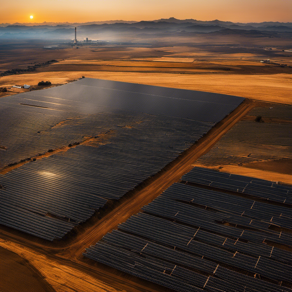 An image showcasing the stark contrast between a vibrant solar panel field, effortlessly harnessing the sun's energy, and a desolate, polluted landscape with exhausted fossil fuel sources, symbolizing the undeniable benefits of solar energy over fossil fuels