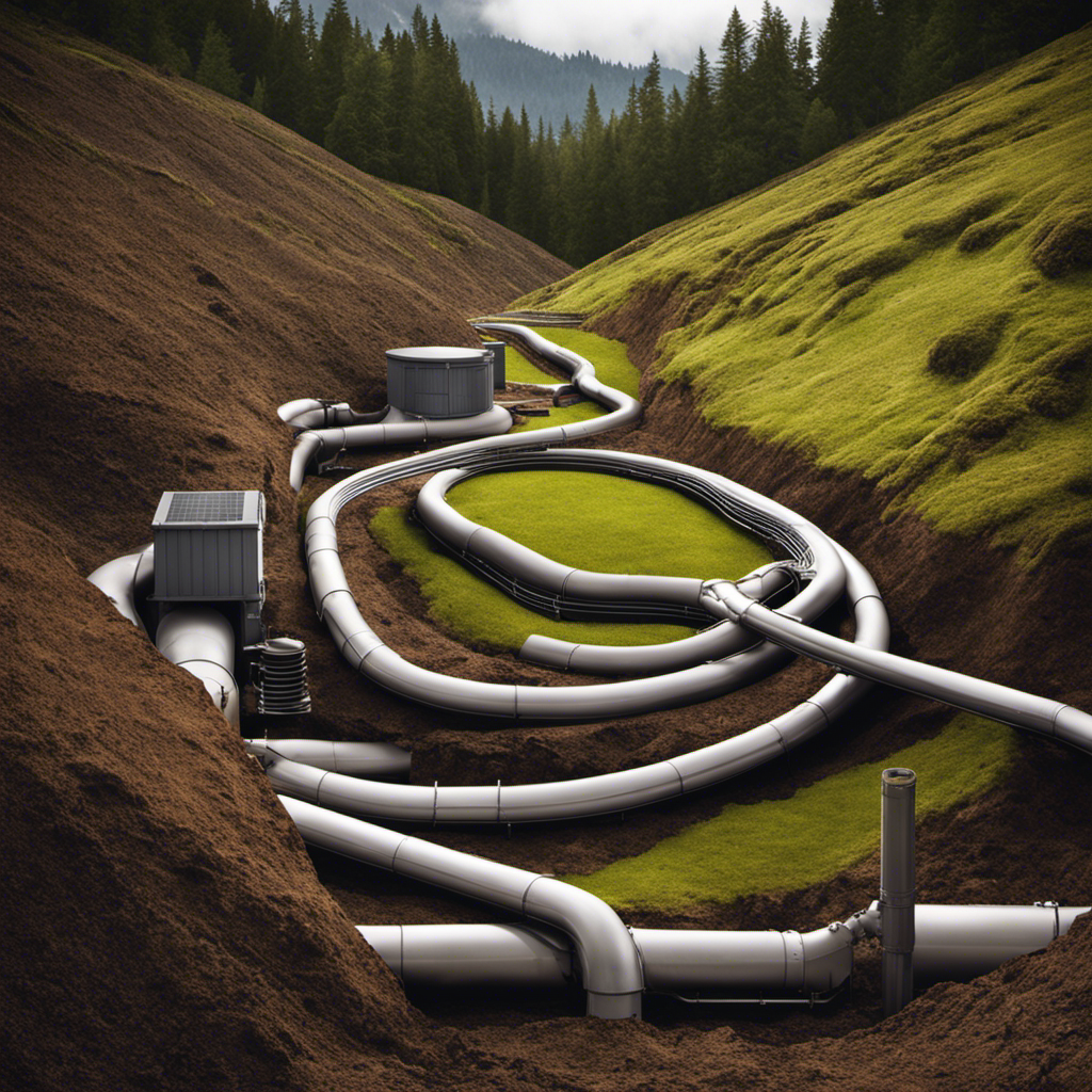 An image showcasing an underground network of pipes, winding through layers of soil and rock, connecting to a geothermal heat pump