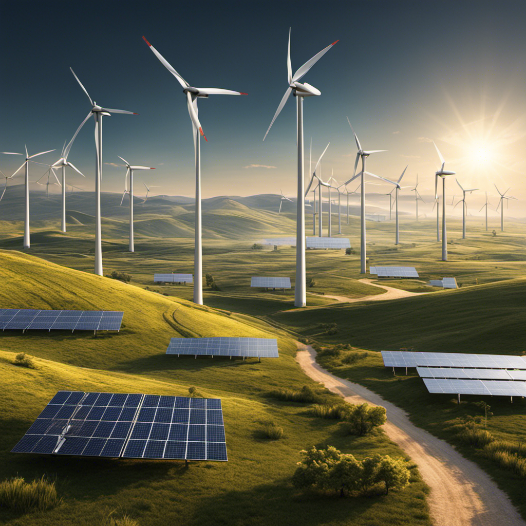An image depicting a sprawling landscape with towering wind turbines and vast solar panels, seamlessly blending into the environment