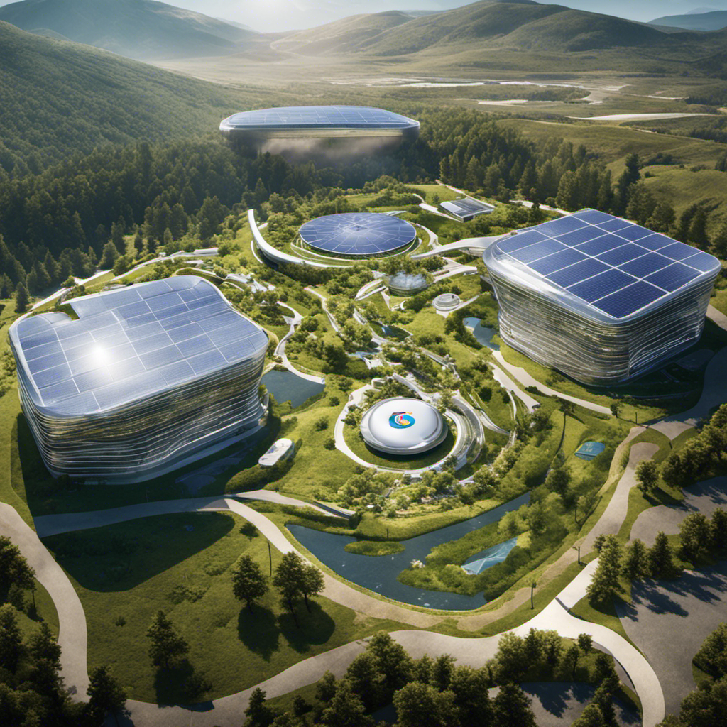 An image showcasing Google's commitment to geothermal energy projects, featuring a futuristic Google campus powered by geothermal energy, with vibrant green landscapes, steam rising from underground, and solar panels integrated seamlessly into the architecture