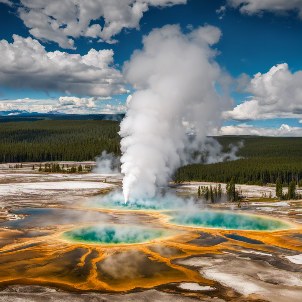 An image showcasing the iconic Yellowstone National Park landscape, with geothermal power plants subtly integrated into the scenery