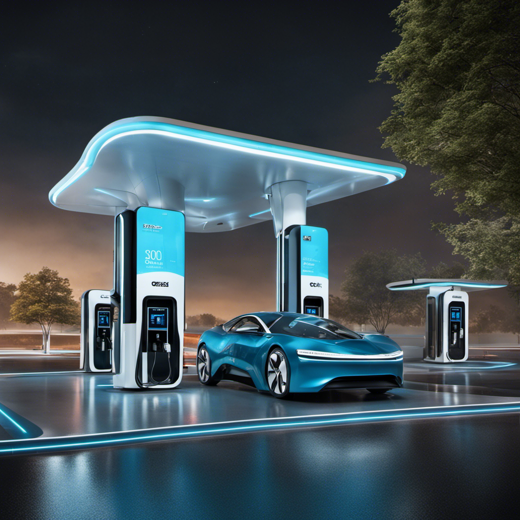 An image showcasing a futuristic gas station, with sleek hydrogen fuel dispensers and electric vehicle charging stations side by side