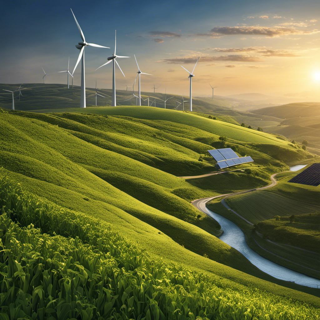 An image that showcases wind turbines and solar panels harmoniously coexisting, symbolizing the sustainable nature of these energy sources