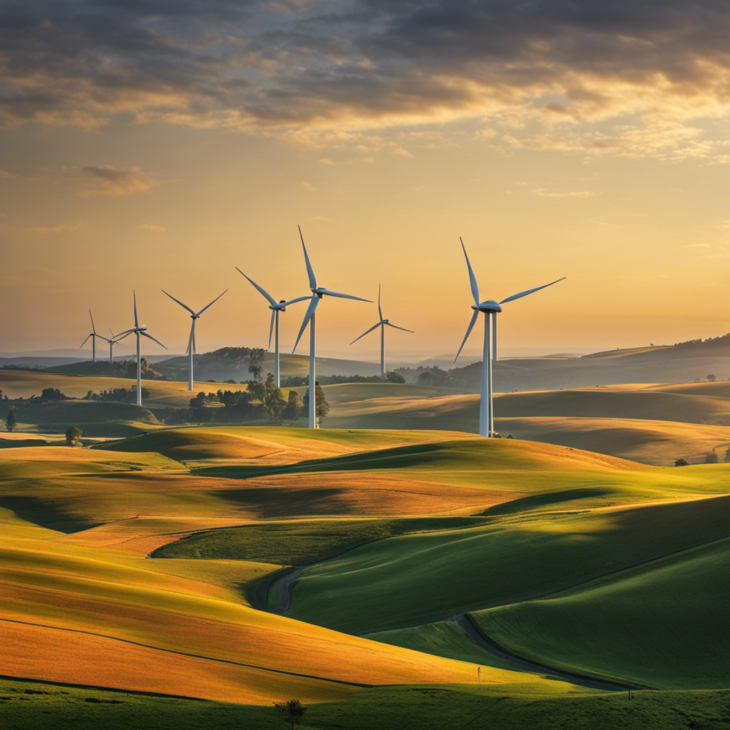An image showcasing a vast, serene landscape with a row of towering wind turbines gracefully rotating in the wind