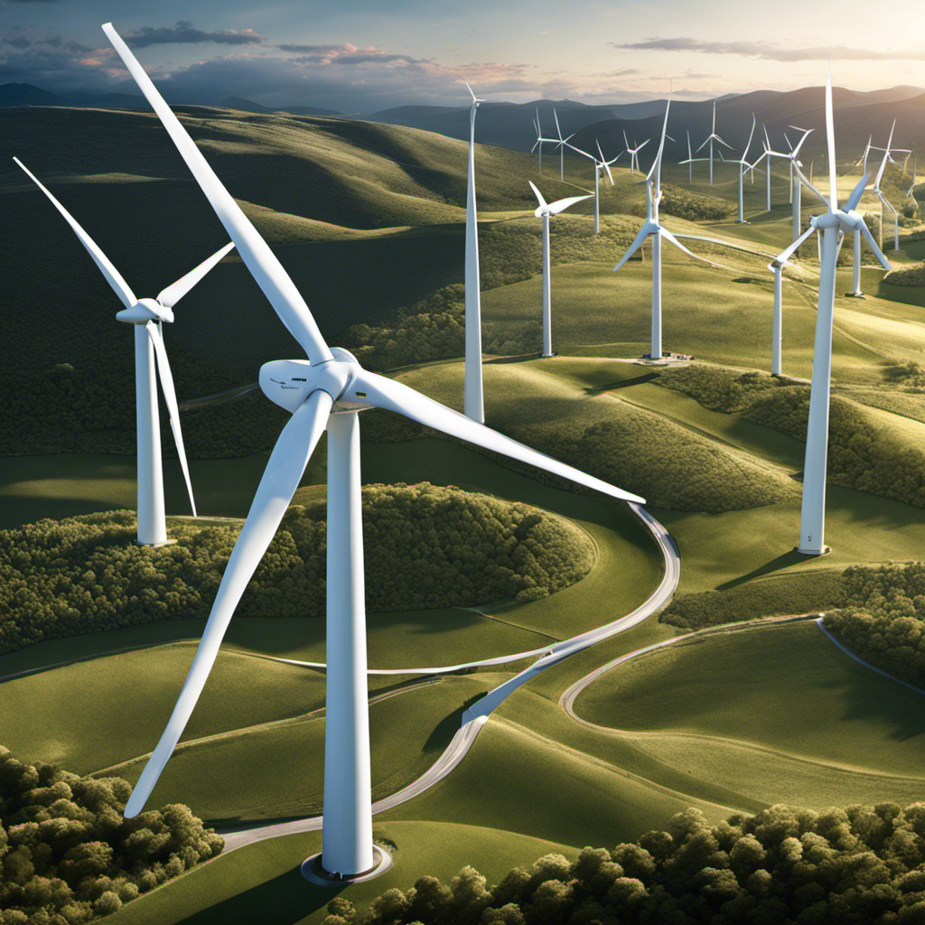 An image showcasing a sprawling landscape with a vast array of sleek, cylindrical wind turbines in motion, gracefully harnessing the power of the wind