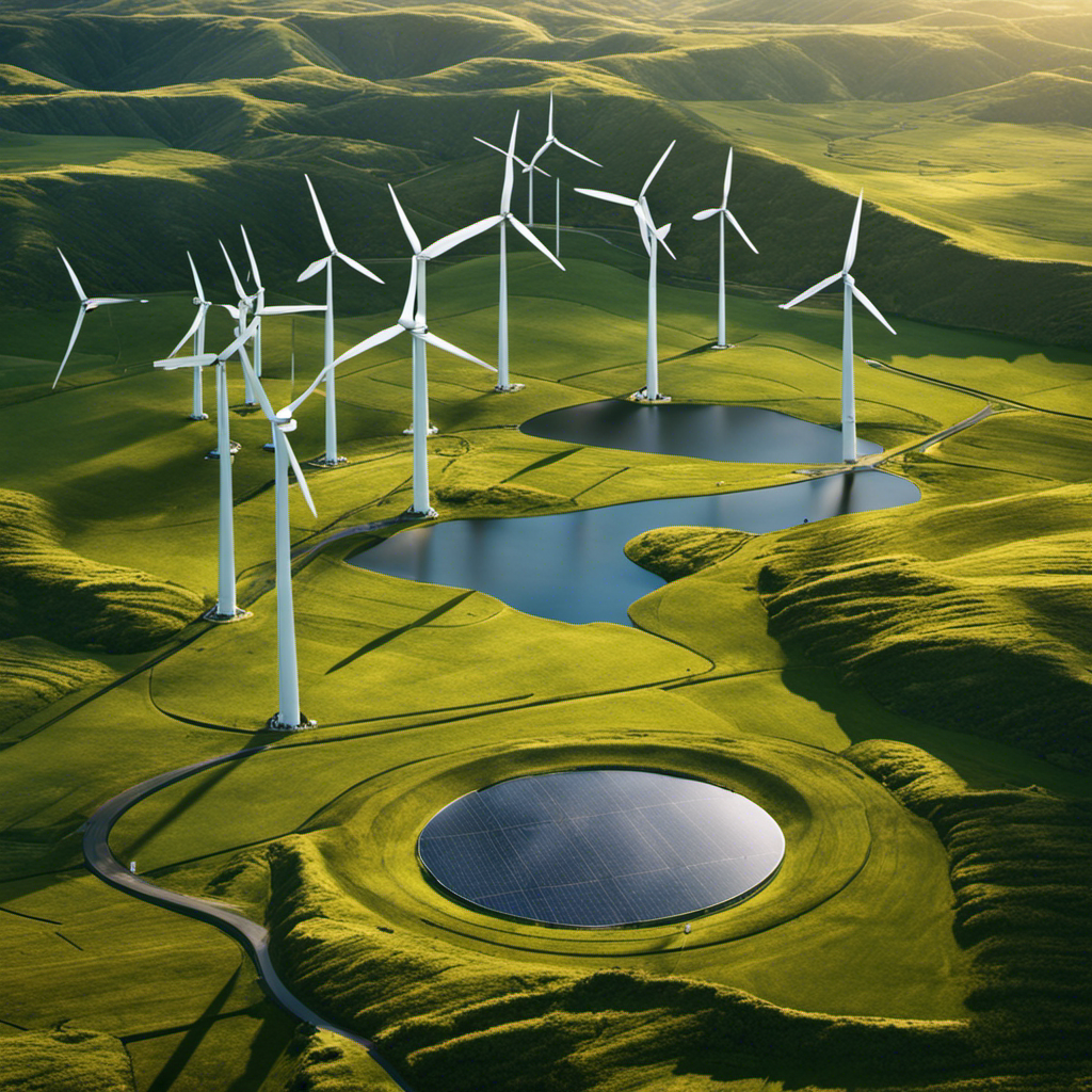 An image showcasing a vast wind farm with towering turbines, a geothermal power plant harnessing Earth's heat, and a solar field adorned with glistening photovoltaic panels