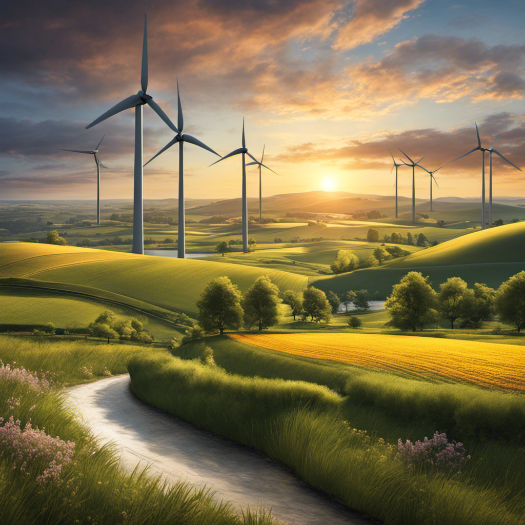 An image depicting a serene countryside landscape with wind turbines gracefully spinning in the distance, harmoniously integrated into the environment