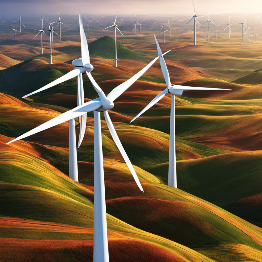 An image showcasing futuristic wind turbines towering above a vibrant landscape, their sleek and streamlined design adorned with cutting-edge technology