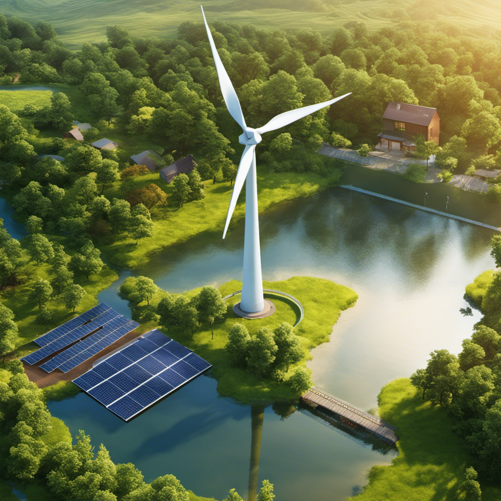 An image capturing the essence of renewable energy sources: a majestic wind turbine towering above serene water, surrounded by a field of vibrant solar panels, all embraced by lush greenery and a harmonious blend of nature